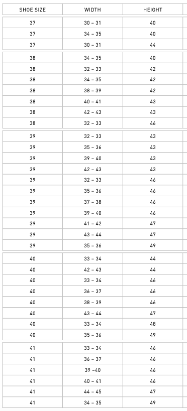 SuedWind ratsasaapad Legacy Ventura mõõdutabel